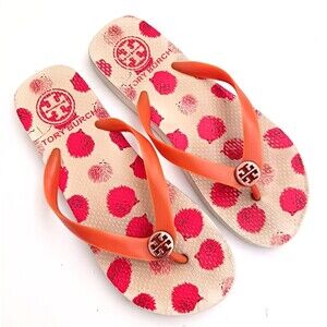 Tory Burch Thong Flip Flops Orange Straps Ht Pink Design Gold Logo Sz 8